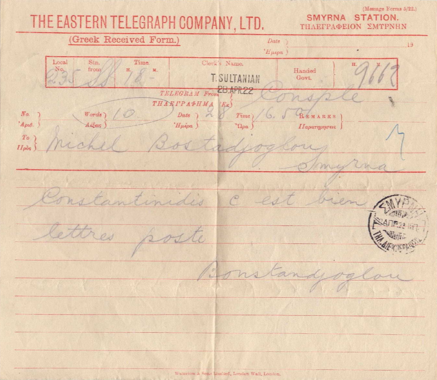 Τηλεγράφημα προς Μιχαήλ Μποσταντζόγλου 28/04/1922
